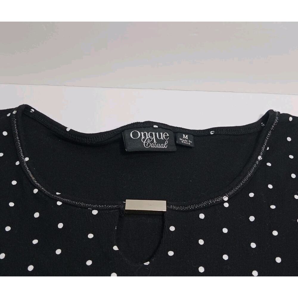 Onque Top Women's Medium 3/4 Sleeve Black with White Polka Dot Cotton EUC - Picture 5 of 9